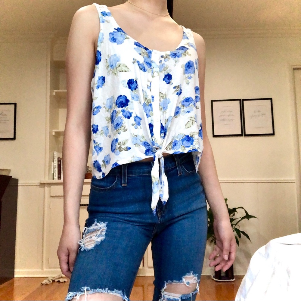 Summer Blue & White Floral Lace Front Tie Tank Top